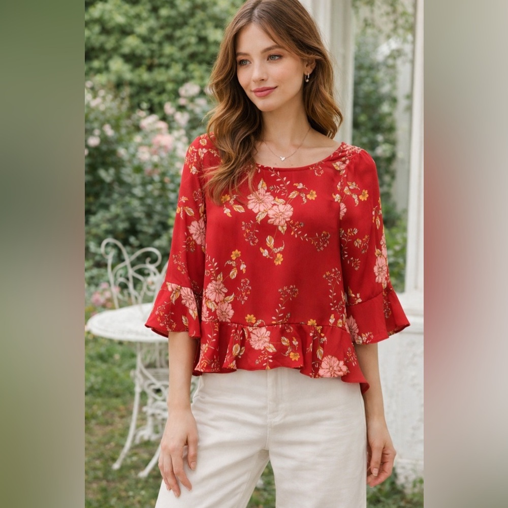 BB Dakota Red Floral Ruffle Blouse